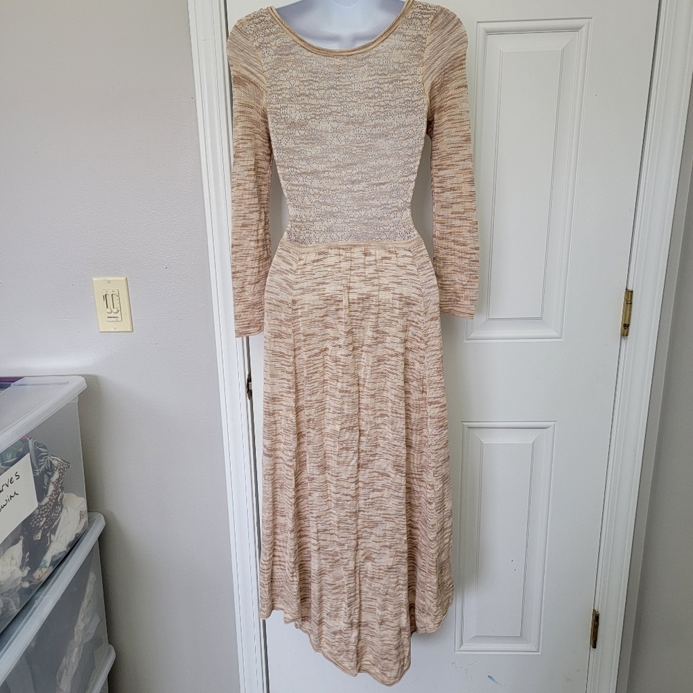 Free People Space Dye Open Knit Crochet Button Front Midi Dress Tan Cream XS - Picture 6 of 10